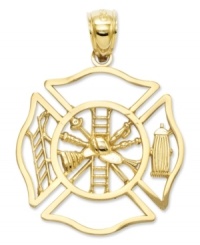 Honor a courageous fireman (or woman) with this symbolic charm. Crafted in 14k gold, charm features a shield with a ladder, hat, and fire hydrant. Chain not included. Approximate length: 1-1/10 inches. Approximate width: 4/5 inch.