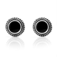 925 Oxidized Sterling Silver Tiny Black Onyx Gemstone Inlay Bali Inspired Braided Round Post Stud Earrings 9 mm Fashion Jewelry for Women, Teen girls - Nickel Free