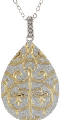 18k Yellow Gold Plated Sterling Silver Two-Tone Swarovski Crystal Filigree Teardrop Pendant Necklace, 18