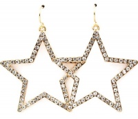 Trendy Large 1-1/2 Star Shaped Dangle Earrings with Sparkly Clear Crystals Gold Tone