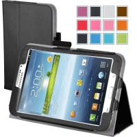 Maxboost Leather Case for Samsung Galaxy Tab 3 7.0 Inch P3200 / P3210 Black - Book Folio Style with Built-in Stand, Wallet Card Holder, Stylus Holder, Hand Holding Strap, Memory Card Holder