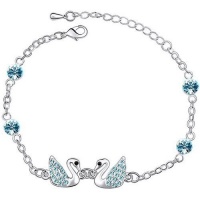 Contessa Bella Fancy Genuine 18k White Gold Plated Aqua Blue Swarovski Austrian Crystal Elements Beautiful Swimming Swan Charm Women Bracelet Elegant Silver Color Crystal Animal Fashion Jewelry