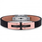 Mens Stainless Steel and Leather Bracelet with Rose Gold and Black Rivet Accents