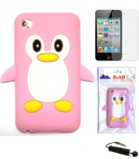 TOOGOO Apple IPOD TOUCH 4 4G 4TH GENERATION (ITOUCH 4 8GB 16GB 32GB) Baby Pink Penguin Silicone Silicon Case Cover + Free Screen Protector + Free Metallic Detachable Touch Screen STYLUS PEN with Anti Dust Plug