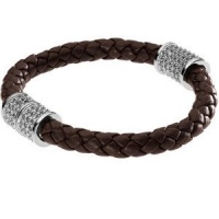 Michael Kors MKJ1473 Women's Brown Braided Leather Silver Tone Pave Crystals Bracelet Jewelry