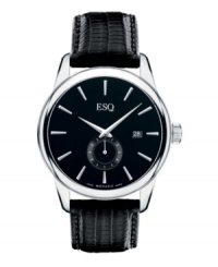 Stately in its elegance, this Chronicle watch from ESQ by Movado commands attention. Black teju lizard-embossed leather strap and round stainless steel case. Black dial features applied silvertone stick indices, date window at three o'clock, second subdial at six o'clock, logo at twelve o'clock and two silvertone hands. Swiss quartz movement. Water resistant to 30 meters. Two-year limited warranty.