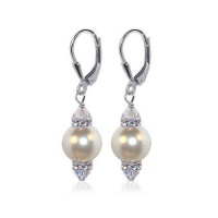 SCER155 Sterling Silver Leverback 1.5 Long Drop Earrings Made with Swarovski Elements 10mm White Faux Pearl and Crystal