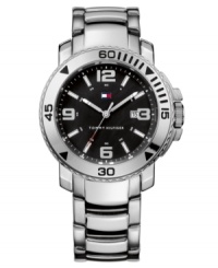 Get in the game with the sleek design of this watch by Tommy Hilfiger. Stainless steel bracelet and round case with black numerals at bezel. Black dial features applied silver tone numerals at twelve, three, six and nine o'clock, stick indices, date window, three hands and iconic flag logo. Quartz movement. Water resistant to 30 meters. Ten-year limited warranty.