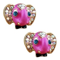 Hot Pink Enamel & Crystal ELEPHANT w/ Bowtie Earrings W/GIFT BOX