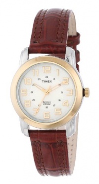 Timex Women's T2N436 Elevated Classics Sport Chic Bi-Metal Tone Brown Leather Strap Watch