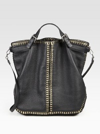 This supple, pebbled leather style blends functionality with chic style with whip-stitched accents over contrast metallic leather.Double adjustable top handles, 3-5 dropDetachable shoulder strap, 21½ dropSnap top closureOne inside zip pocketOne inside open pocketSuede lining16½W X 14H X 8½DMade in Italy