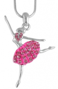 GORGEOUS Hot Pink Crystal Embellished Jumping Ballerina Ballet Charm Pendant and Necklace - Silver Tone with Rhodium Plating Fashion Jewelry