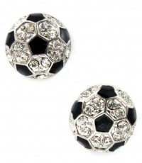 Sparkling Crystal Embellished 3/4 Round Soccer Ball Stud Earrings - Silver Tone Rhodium Plated