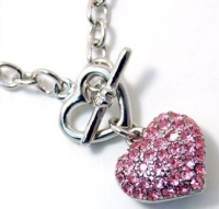 Designer Inspired Small Pink Crystal Puff Heart Charm Toggle Necklace - Silver Tone Rhodium Plated