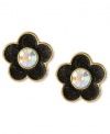 Betsey Johnson BLACK GLITTER & CRYSTAL FLOWER EARRINGS in Goldtone