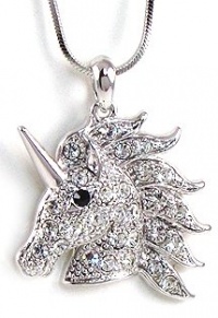 Super Cute 1.25 Silver Tone Rhodium Plated Unicorn Head Necklace with Clear Embellished Crystals