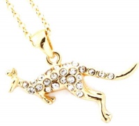 Adorable Sparkling Clear Crystal 1-1/4 Gold Tone Kangaroo Charm Pendant and Necklace