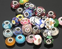 50 Piece Lot Lampwork Murano Glass European Mix Beads- Compatible with Pandora, Chamilia, Troll, Biagi Plus Free Bracelet