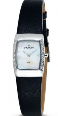 Skagen Women's 684XSSLB1 Skagen Denmark White Mother-Of-Pearl Square Leather Wo Watch