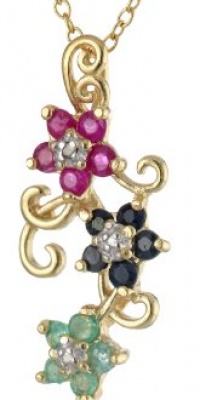 Yellow Gold Plated Sterling Silver Sapphire, Ruby, Emerald and Diamond Accent Flower Pendant, 18