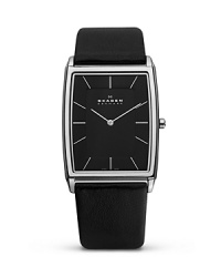 Skagen Black with Silver Steel Leather Tank Watch, 32.5mm