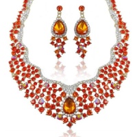 Gold-Tone Flower Teardrop Necklace Earrings Set with Orange Swarovski Elements Crystal