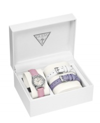 What's better than a luxe watch by GUESS? One that comes with three sparkly leather straps in yummy bubblegum hues.