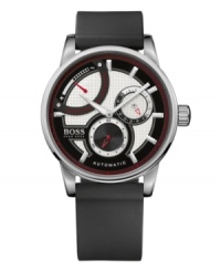 Freshen up your fashion with this avant-garde timepiece by Hugo Boss. Watch crafted of black silicone strap and round stainless steel case. Black and silver tone textured dial features stick indices, three subdials, two luminous hands, logo and red accents. Automatic movement. Water resistant to 50 meters. Two-year limited warranty.