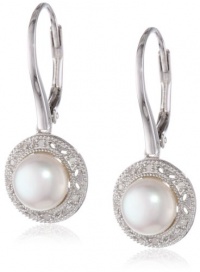 Sterling Silver 7.5-8mm Freshwater Cultured Pearl and Diamond Drop Earrings, (0.05 cttw, G-H Color, I2-I3 Clarity)