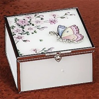 Pink Butterfly White Glass Jewelry Box Container Accessory Jewel Holder