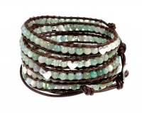 Green Bead Leather Wrap Bracelet with Silvertone Hearts, 39 Inch 5x Wrap