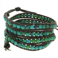 28 Blue/Green Beads On Dark Brown Leather Wrap Bracelet With Snap Button Lock