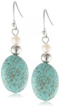 Sterling Silver Turquoise Oval Bead and White Freshwater Cultured Pearl Drop Earrings