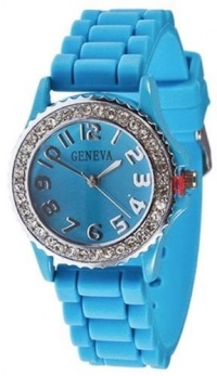 Geneva Platinum CZ Accented Silicon Blue Watch, Large Face