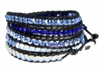 Sparkling Ocean Blues Faceted Beads on Black Leather 39 Inch Long Wrap Bracelet, Gift Box