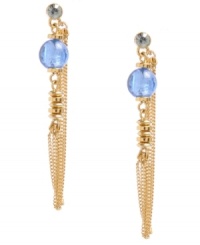 Update your look with a little extra color and a trendy design. Kenneth Cole New York's intricate earring style feature a blue glass bead, shoulder-dusting chains and a crystal accent at the post. Crafted in gold tone mixed metal. Approximate drop: 2-1/2 inches.