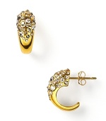 Encrusted with Swarovski crystals, these chunky 18 Kt. gold plate hoops catch the light--and turn heads. By Alexis Bittar.