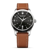 Brown leather meets a bold black dial on Victorinox's classically styled chronograph. With a convenient date window, this sleek watch is as easy to wear as it is smart.