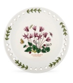 Plant this pierced accent plate alongside other classic pieces from Portmeirion's Botanic Garden dinnerware collection for added charm. Pink cyclamen flowers bloom and entice colorful butterflies on white porcelain with a triple-leaf border.