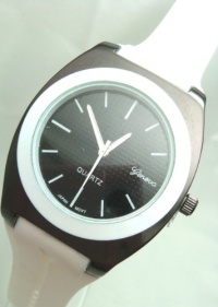 Geneva White Black Circle Dial Silicone Band Large Face Watch