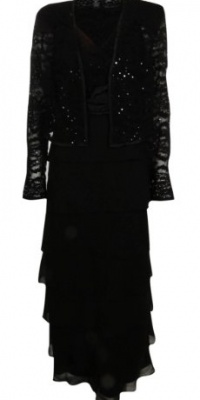 R&M Richards Women's Tiered Georgette & Lace Jacket Dress Set (10 Petite, Black)