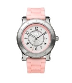 Pretty in pink. This HRH by Juicy Couture watch is crafted of pink synthetic jelly strap and round stainless steel case. Bezel etched with logo. White dial with textured silver tone inner dial features applied numerals, text numerals at five and nine o'clock, white minute track, three hands and crown logo. Quartz movement. Water resistant to 30 meters. Two-year limited warranty.