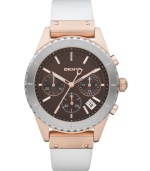 Rich white leather and sleek warm tones create a unique timepiece that fits both casual and elegant molds, by DKNY.