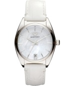 A mesmerizing mother-of-pearl dial adds allure to the sleek design of this Emporio Armani watch.