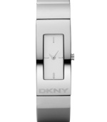 Sleek, urban style by DKNY. This beautiful watch features a stainless steel bracelet and round case. Logo embossed at bezel. White dial with silvertone stick indices. Quartz movement. Water resistant to 50 meters. Two-year limited warranty.