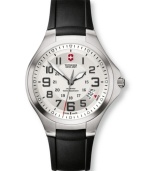 Iconic style appreciated around the world. This Victorinox Swiss Army watch features a black rubber strap and round stainless steel case. Silvertone dial with black numerals, luminous hands, logo, date window and screw-in caseback. Swiss movement. Water resistant to 100 meters. Three-year limited warranty.