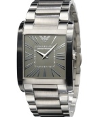 Update your look with this fine watch by Emporio Armani. Stainless steel bracelet and square case. Gray dial with silvertone Roman numerals and logo. Quartz movement. Water resistant to 30 meters. Two-year limited warranty.