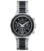 Bulova pairs time-honored quality with highly fashionable ceramic to create this striking watch. Stainless steel bracelet with center links of black ceramic and round stainless steel case. Black ceramic bezel etched with numerals holds a slightly-domed mineral crystal. Black chronograph dial with textured inner dial features eight diamond accents at markers, date window at six o'clock, three subdials, silvertone hands, and logo at twelve o'clock. Quartz movement. Water resistant to 30 meters. Three-year limited warranty.