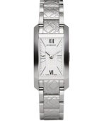 This Burberry timepiece features a stainless steel bracelet etched with signature check pattern and rectangular case. Silver tone dial with check-patterned inner dial features Roman numerals at twelve, three, six and nine o'clock, minute track, two hands and logo. Quartz movement. Water resistant to 30 meters. Two-year limited warranty.