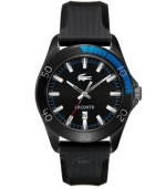 Neutral black-on-black design lends versatility to this masculine Sport Navigator watch by Lacoste. Ribbed black rubber strap and round black PVD stainless steel case with blue-accented aluminum bezel. Black dial features silver tone stick indices, minute track, blue ring, date window at six o'clock, text logo, iconic crocodile logo and three hands. Quartz movement. Water resistant to 50 meters. Two-year limited warranty.